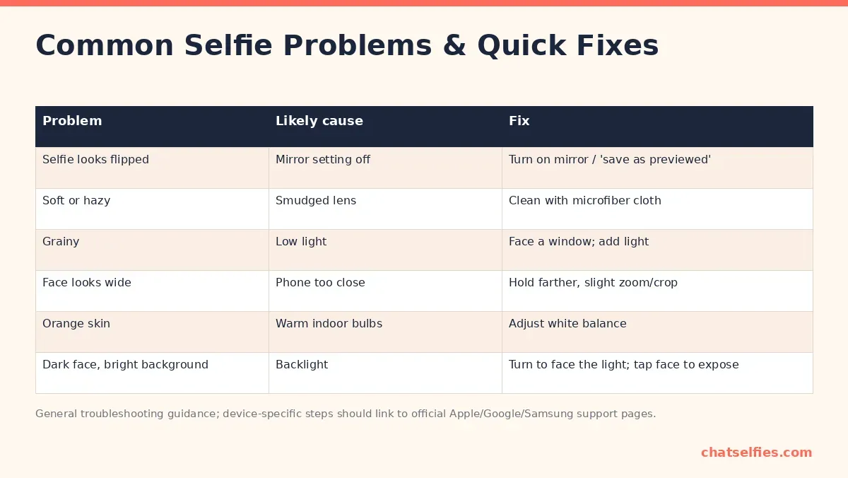 Table of common selfie problems, causes and fixes