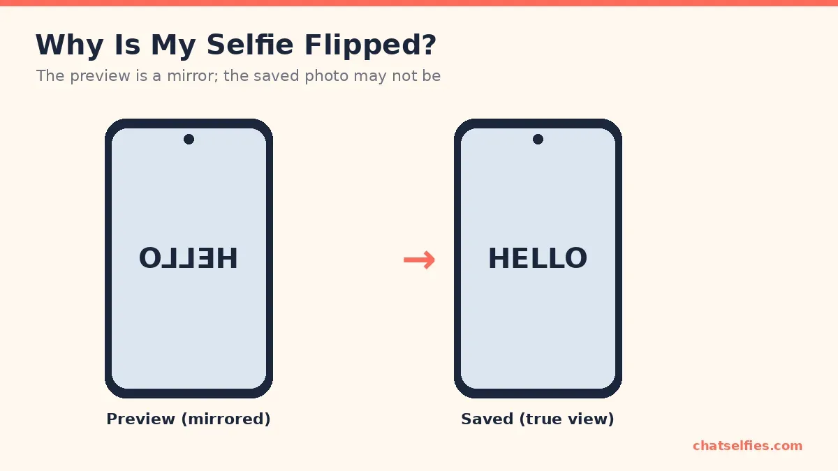 Mirrored preview vs saved selfie showing reversed text