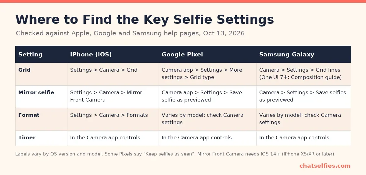 Table of grid, mirror, format and timer menu paths on iPhone, Pixel and Galaxy