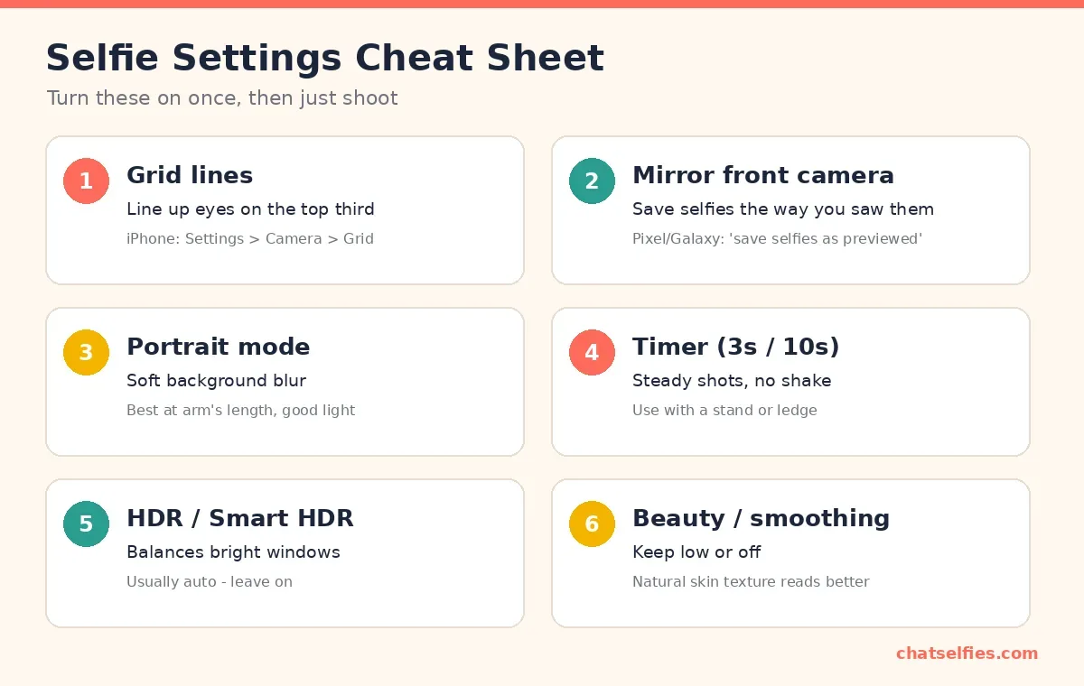 Cheat sheet of six selfie camera settings