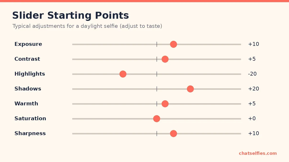 Suggested slider starting values for a daylight selfie